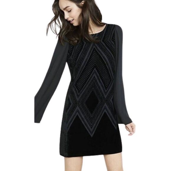 Express Women's Black Velvet Burnout Deep V-Back Long Sleeve Geometric Dress M - Picture 1 of 11